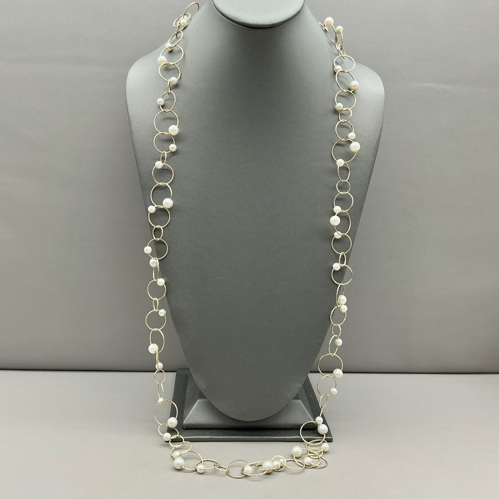 Anne Klein Necklace Women Gold Faux Pearl Long Textured Interlocking Circle Link